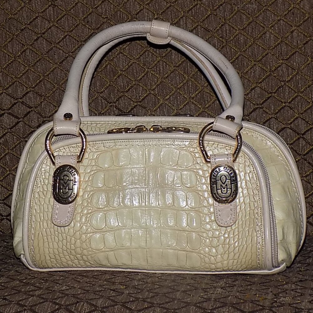 Marino Orlandi buttery cream colored croc embossed leather bag made in Italy.